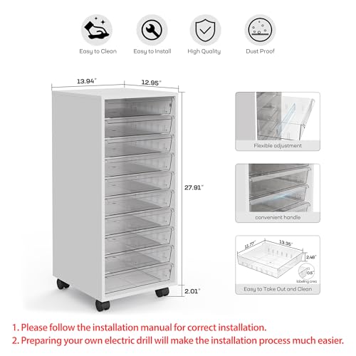 WOPITUES Storage Drawer Cart, Mobile Storage Cabinet, Makeup Storage with 10 Large Clear Drawers, Utility Wooden Rolling Cart on Wheels, for Cosmetic, Art Craft, Office Supplies, Toy, White - Thumbnail 3