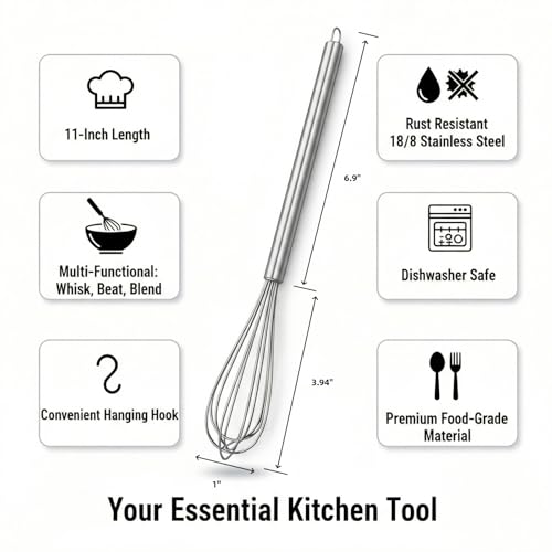 Image of 11-Inch Slim French Whisk, Small Whisk, 18 /8 Stainless Steel, Long Handle