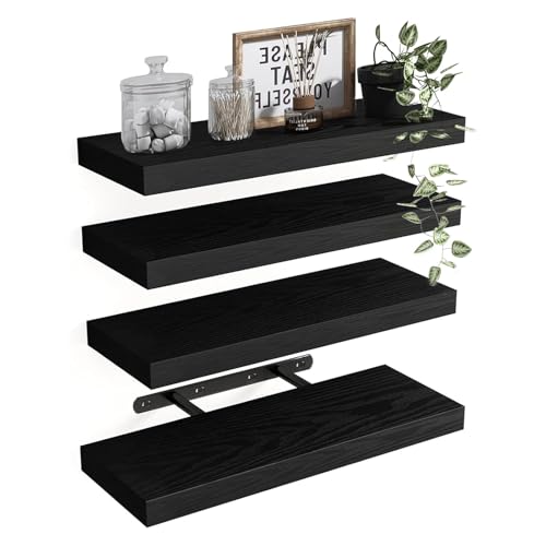Zalizr 4 Pack 40 CM Floating Wall Shelves, Small Wooden Hanging Shelves with Invisible Brackets, Rustic Black Storage Racks for Bathroom, Bedroom, Living Room, and Kitchen