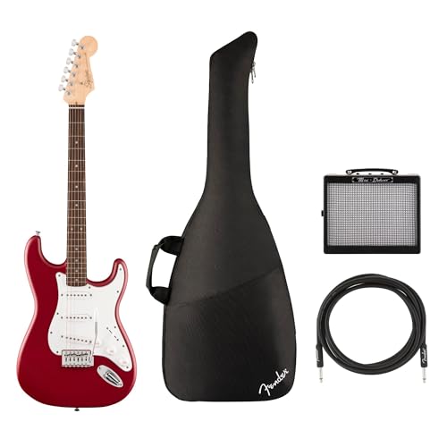 Fender Squier Debut Series Stratocaster Electric Guitar, Beginner, Dakota Red With Matte Finish + Gig Bag + Mini Deluxe Amp + 10 ft Cable, Black