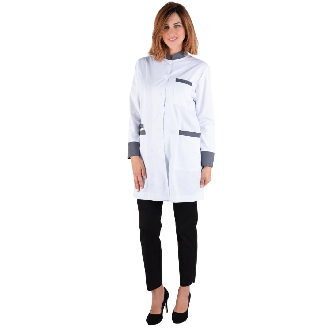 Bata de Laboratorio Mujer, Bata Cuello Mao Manga Larga, Ideal para Farmacia, Óptica, Herbolarios y Clínicas Sanitarias, Fabricado en España
