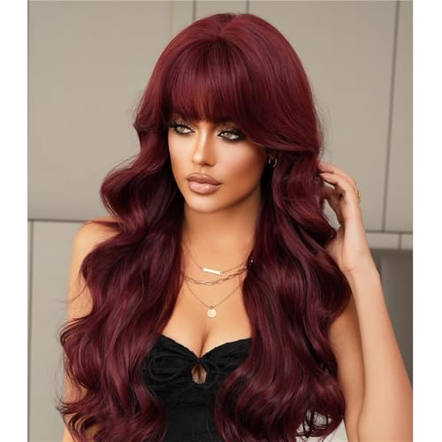 Perruque avec frange rouge framboise couvre-tête complet volumineux - 4