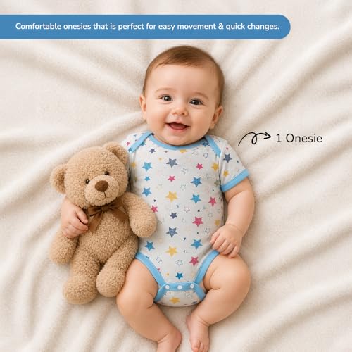 Image of TINYLANE - Curated For You! Newborn Baby Gift Set, 100% Cotton, Star Print, 0-6 Months, Bodysuit with Cap, Mittens and Double Layer Blanket, Newborn Baby Essentials, Baby Hamper for New Born