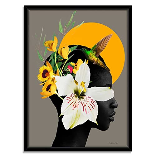 Image of PAINTINGMANTRA Marigold Yellow Girl Flower Bouquet Black Framed Canvas Print for Wall, Home and Living Room Decoration (Size - 23 x 17 Inchs)