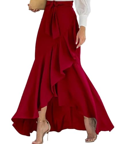 SEMATOMALA Women's Casual Plaid Mermaid Maxi Skirt A Line Irregular Ruffle Hem Fishtail Long Skirt Spring Summer