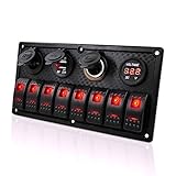 8 Gang Marine Switch Panel Waterproof - Red Indicator Switches, Cigarette Lighter Socket with Lighter, Digital Voltmeter Display, Dual 5V USB Charger Socket, DC 12V Slot, Used on Boat RV Truck Bus