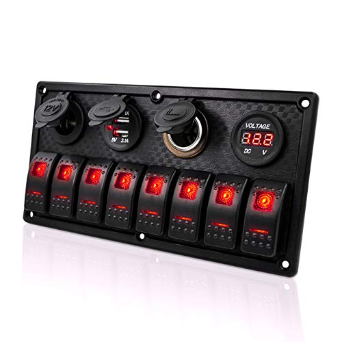 8 Gang Marine Switch Panel Waterproof - Red Indicator Switches, Cigarette Lighter Socket with Lighter, Digital Voltmeter Display, Dual 5V USB Charger Socket, DC 12V Slot, Used on Boat RV Truck Bus
