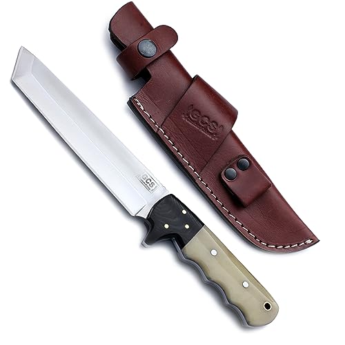 GCS Custom Handmade Coloured Bone Handle D2 Tool Steel Tanto Survival Tactical Fixed Blade Knife Buffalo Hide Leather Sheath GCS177