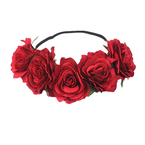 Hestio Simulated Rose Hair Band Bridal Garland Headband for Wedding (Red)