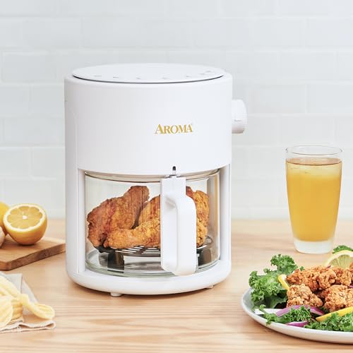 Image of AROMA Glass Air Fryer and Countertop Convection Oven with Powerful 360Crispy Technology (3 Quart), White