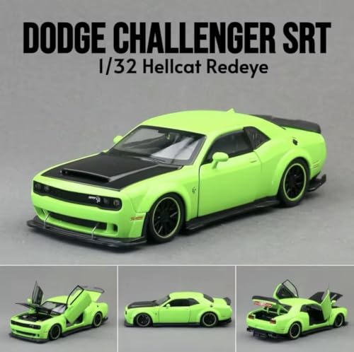 Image of Die-Cast Car Model 1:32 Scale Challenger SRT| Alloy Metal Car with Openable Doors, Hood & Trunk | LED Headlight & Taillight with Sound | Pull Back Toy for Kids & Collectors (Green)