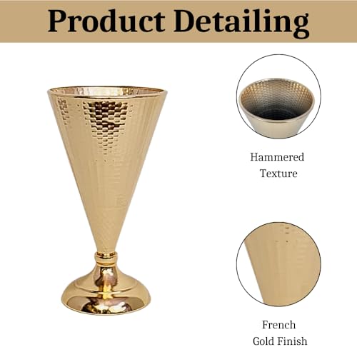 Image of French Gold Hammered Metal Cone Flower Vase, 26cm, Pedestal Base, for Event Decor, Home & Office Centerpiece Gift - Flowers are not Included