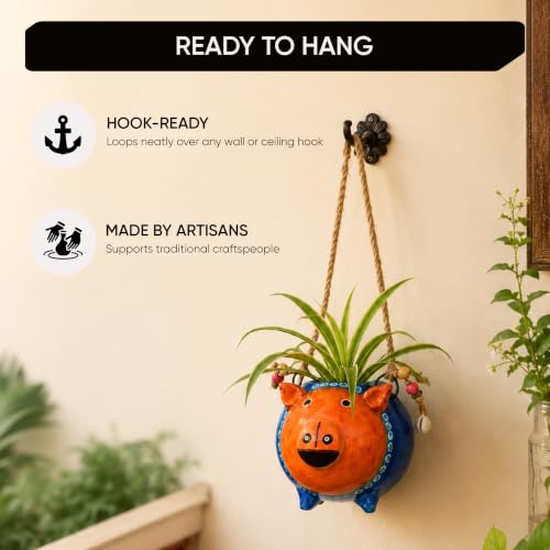 Image of AAKRITI ART CREATIONS Terracotta Hanging Planter | Blue Pig Design with Jute Hanger, Modern Art, Matte Finish | Decorative Hanging Pot for Indoor & Outdoor Home Decor