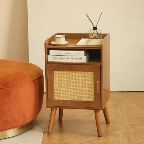 Awasen Mid Century Modern Nightstand, Rattan Nightstand With 2-Tier Shelf And Door, Bedside Table With Storage For Small Spaces, Bedroom,Living Room, Easy Assembly, Brown Walnut #TOP1