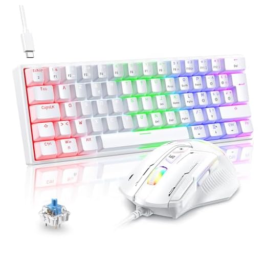 TECURS Ensemble Clavier et Souris Gamer Mécanique Filaire AZERTY, 60% Mini Clavier Souris Gaming Rétroéclairé USB, Souris Gamer RGB 7200 DPI pour PC PS5 Xbox Win, Switch Bleu, Anti-Ghosting, Blanc