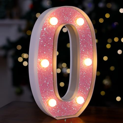 Image of LED Letter Lights Pink Glitter Marquee Letters Light Up Alphabet Letters Sign Battery Powered for Home Party Decoration Night Bar Wedding Birthday Christmas Lamp Girls Gift - Number 0