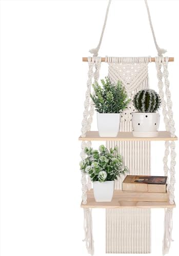 Barydat 1 Pack Macrame Wall Hanging Shelf 2 Tier Handmade Boho Ha...