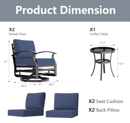 Image of Outdoor Patio Furniture Set, 3 Piece Aluminum Metal Chairs Swivel Rocker, Overstuffed Washable Cushions Bistro Set for Porch, Balcony, Deck, Garden Navy