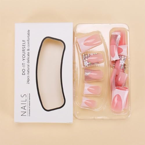 Image of Diamond Press on Nails White French Tip Fake Nails Medium Square False Nails Flower Glue on Nails Reusable Artificial Acrylic Full Cover Stick on Nails Spring Summer Nails Decoration 24Pcs