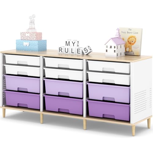 12 Drawers Storage Cabinet with Wooden Top and Plastic Bins, Toy Storage Organizer Toy Shelf Storage Chest Cubby Organizer for Home, Office, Playroom, Classroom & Craft Room Storage (Gradient Purple)