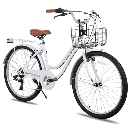 HILAND - Bicicleta cruiser de mujer con portaequipajes y cesta, color morado, marco bajo de acero, 26 pulgadas, 7 velocidades, frenos en V, guardabarros integrales, ideal para paseo y ciudad