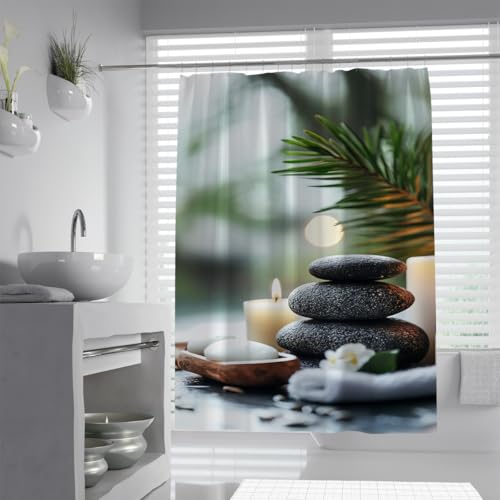 Cortina de Ducha de Piedra Negra con Vela encendida y Cortina de bañera de Hoja de Palma Tropical para SPA Decoración del baño Poliéster Impermeable 150 x 200 cm