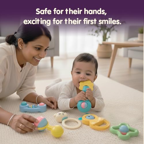 Image of 6 Pcs Premium Baby Rattle & Teether Gift Set with Gift Packing Kit (Sticker Card + Ribbon + Gift Wrap Paper) | Safe, Non-Toxic Toys for Newborns 3+ Months | Colorful Soft Sound Rattles | Perfect Baby Gift Set
