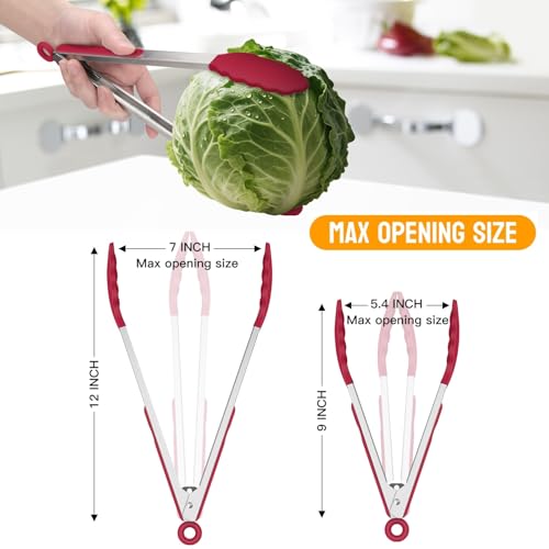 Image of HOTEC Premium Stainless Steel Locking Kitchen Tongs with Silicon Tips, Set of 2-9 inch and 12 inch(Red)