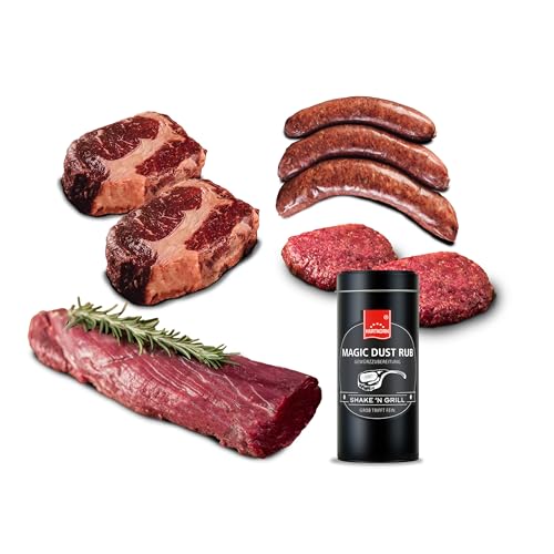 Büffel Bill BBQ Box I Büffelfleisch Grillpaket für Genießer I Original vom italienischen Wasserbüffel I Bratwurst, Gourmet Burger, Steak & Grillgewürz