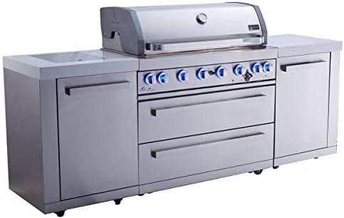 Mont Alpi MAi805 44-inch 6-Burner 115000 BTU Stainless Steel Gas Outdoor Kitchen Bar Barbecue Modular Island Grill w/ Infrared Side & Rear Burners + Granite Countertops + Storage Cabinets & Drawers