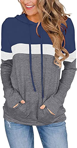 VIGVAN Damen Hoodie Farbblock Kapuzenpullover Casual Pullover Sweatshirt Gestreifte Langarmshirt Kordelzug Oberteile mit Taschen (M, Blau) Cover