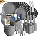 Teivio 32-Piece With Flatware Kitchen Plastic Wheat Straw Dinnerware Sets, Service for 8, Dinner Plates, Dessert Plate, Cereal Bowls, Cups, Unbreakable Plastic Outdoor Camping Dishes, Grey