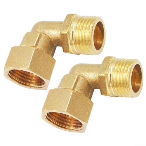 Codo de latón de 90 grados macho de 1/2 pulgada x 1/2 pulgada hembra, conector de ángulo DN15 para sistemas de fontanería, giratorio de 360° con sello hermético, paquete de 2