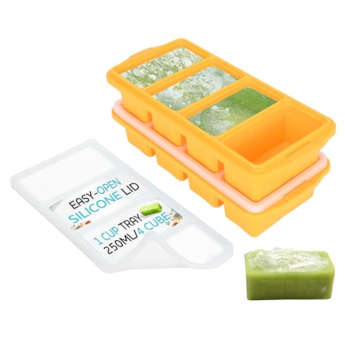Image of XOMOO Silicone Freezer Tray With Lid - Soup Freezer Container molds - Large Ice Cube Tray- makes 8 perfect 1 cup portions cubes, 2-Pack Freezer Storage Food Soups & Meal Prep - Oven & Dishwasher -Safe
