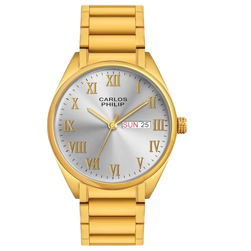 Image of Carlos Philip Men's Roman Numeral Analog Watch - Day and Date Display, Stainless Steel Strap, Quartz Movement, Business Style Watch for Men