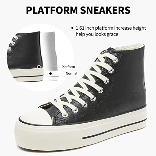 Sernial Women's High Top Platform Sneakers Pu Leather Platform Shoes White Tennis Shoes For Women(Black,Us7) #TOP1