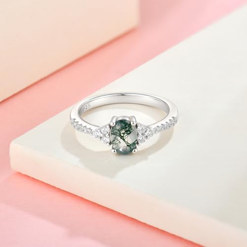 925 Sterling Silver Ring for Women Moss Agate Ring Promise Wedding Engagement Ring Cubic Zirconia Jewelry Valentines Day Anniversary Birthday Gift for Her4