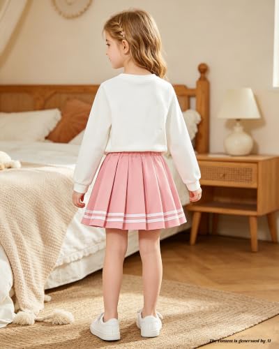 Image of Betusline Girls Skirt Set JK School Uniform 2-Piece Outfit - Short Sleeve & Webbing Solid Skirt,4-14Y