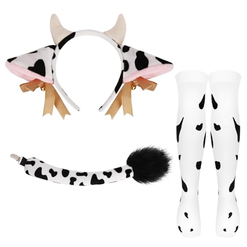 XEPST Cow Ears and Tail Animal Costume Set with Horns Headband and Thigh Knee High Cow Print Socks for Animal Costume Cosplay Birthday Party Accessories Halloween Fancy Dress Party Supplies