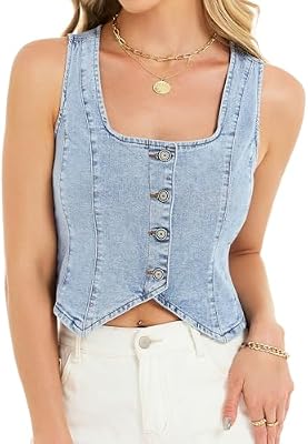 Genhoo Women's Denim Vest Top – Square Neck Jean Vest for Trendy Styles