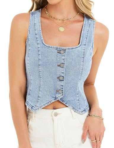 Genhoo Women's Denim Vest Top – Square Neck Jean Vest for Trendy Styles