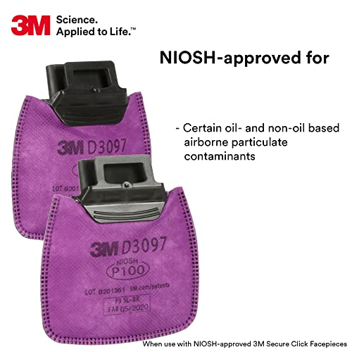 Image of 3M Secure Click P100 Respirator Filter D3097, NIOSH Approved, 1 Pair | Nuisance Level Organic Vapor and Certain Oil and Non-oil Based Particulates, Dual-Flow for Easier Breathing