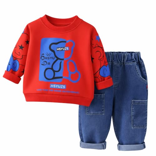 Image of Unisex Kids Cotton T-shirt and Denim Pant Set Comfort Fit all Season for Boys and Girls 1 to 8 years (Red, 7-8 Years)