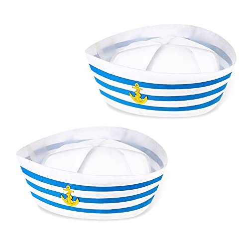 VIKSAUN 2 Pièces Chapeaux de Marin Bleus et Blancs Chapeau de Marin pour Accessoire de Costume Fête de Déguisement de Costumes d'Halloween Hommes Femmes Fête de Déguisement (2 Pièces) Cover