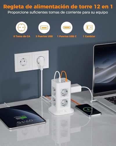 Miniatura 2 de Tessan Regletas Enchufes Proteccion Sobretension 8 Tomas Con 3 Usb A Y 1 Usb C, Torre Regleta Vertical Con Interruptor, Alargador Enchufe 2 Metros, Torre Multiple 3600w Para Mesa, Oficina, Casa