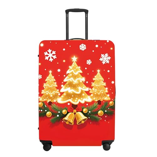 Image of Golden Tree Luggage Cover - Shimmering trees, bells, and holly leaves on a red background, an elegant holiday design, suitable for 32-34 inch suitcase extendable protective cover