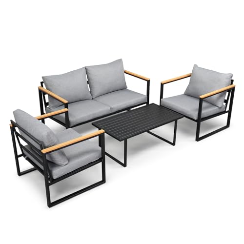 VINGLI Outdoor Metal Patio Furniture Sets 4-Piece, Sectional Outdoor Conversation Sets w/Iron Coffee Table, Patio Couch with Removable Cushion for Porch, Garden, Poolside