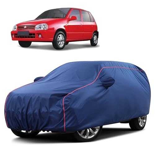 Image of Sulfar 100% Water Resistant Car Body Cover Compatible with Mirror for Maruti Suzuki Zen (Triple Stitched, Full Bottom Elastic, Blue Taffeta with Red Piping)