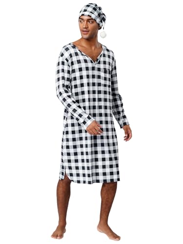 Mens Plaid Pajamas Robe Lightweight Nightshirts with Night Cap V Neck Long Sleeve Sleep Shirt3