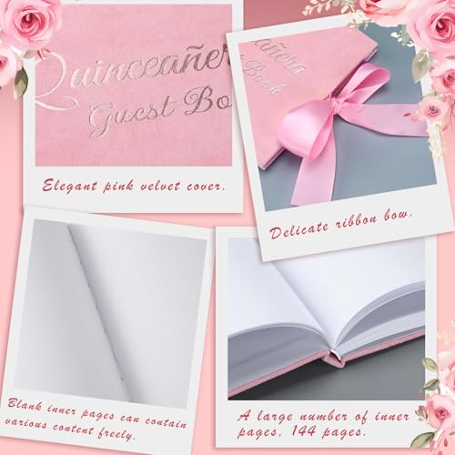 Image of Panelee Velvet Quinceanera Guest Book with Pen Pink Sign in Log with Bow 15 Year Anos Quince Book 144 Page Signature Guest Sign in Keepsake Album for Birthday Party Keepsake Gift